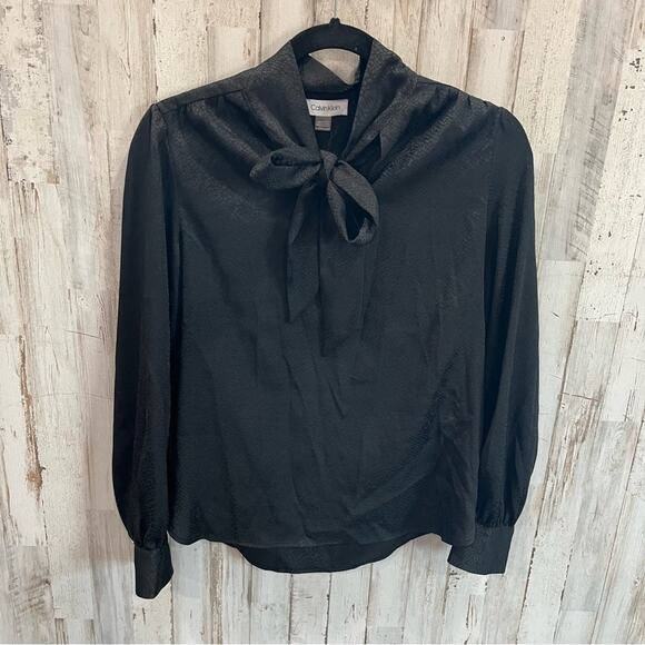 NWT Calvin Klein Black Snakeskin Neck Tie Popover Career Blouse - Picture 1 of 6